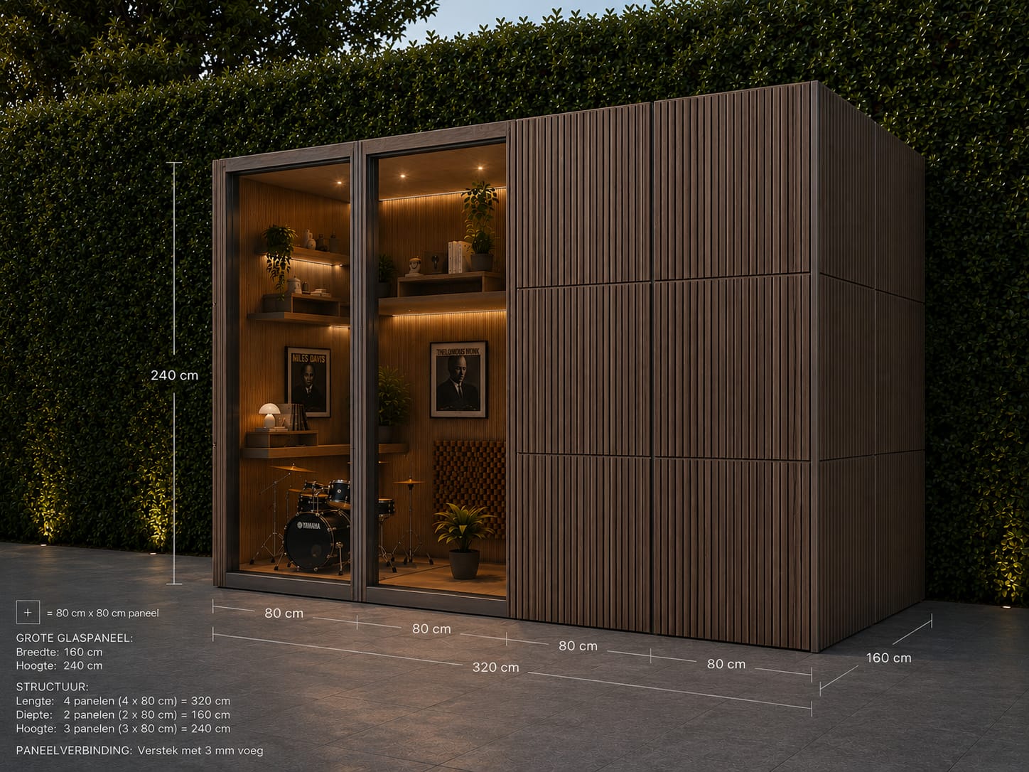 RO. slatted wood studio module against a hedge at dusk, warm interior visible through glass