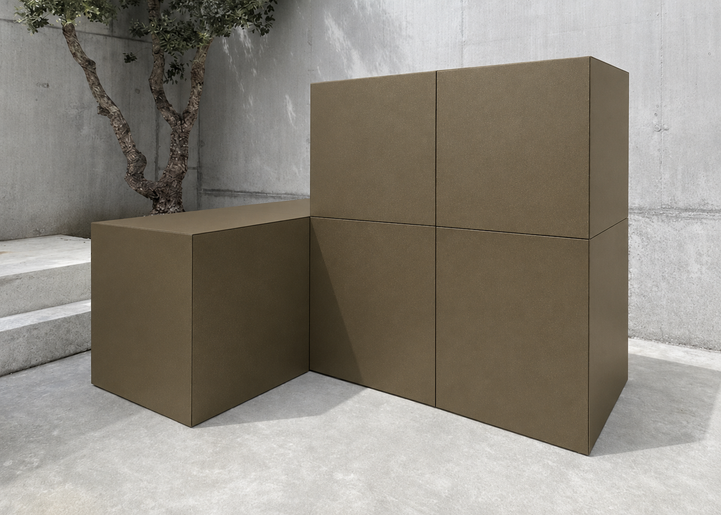 RO. powder-coated aluminium modular composition in a warm metallic bronze tone