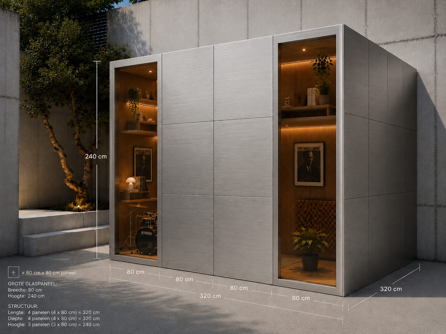 RO. brushed aluminium studio module with glass panels and warm interior