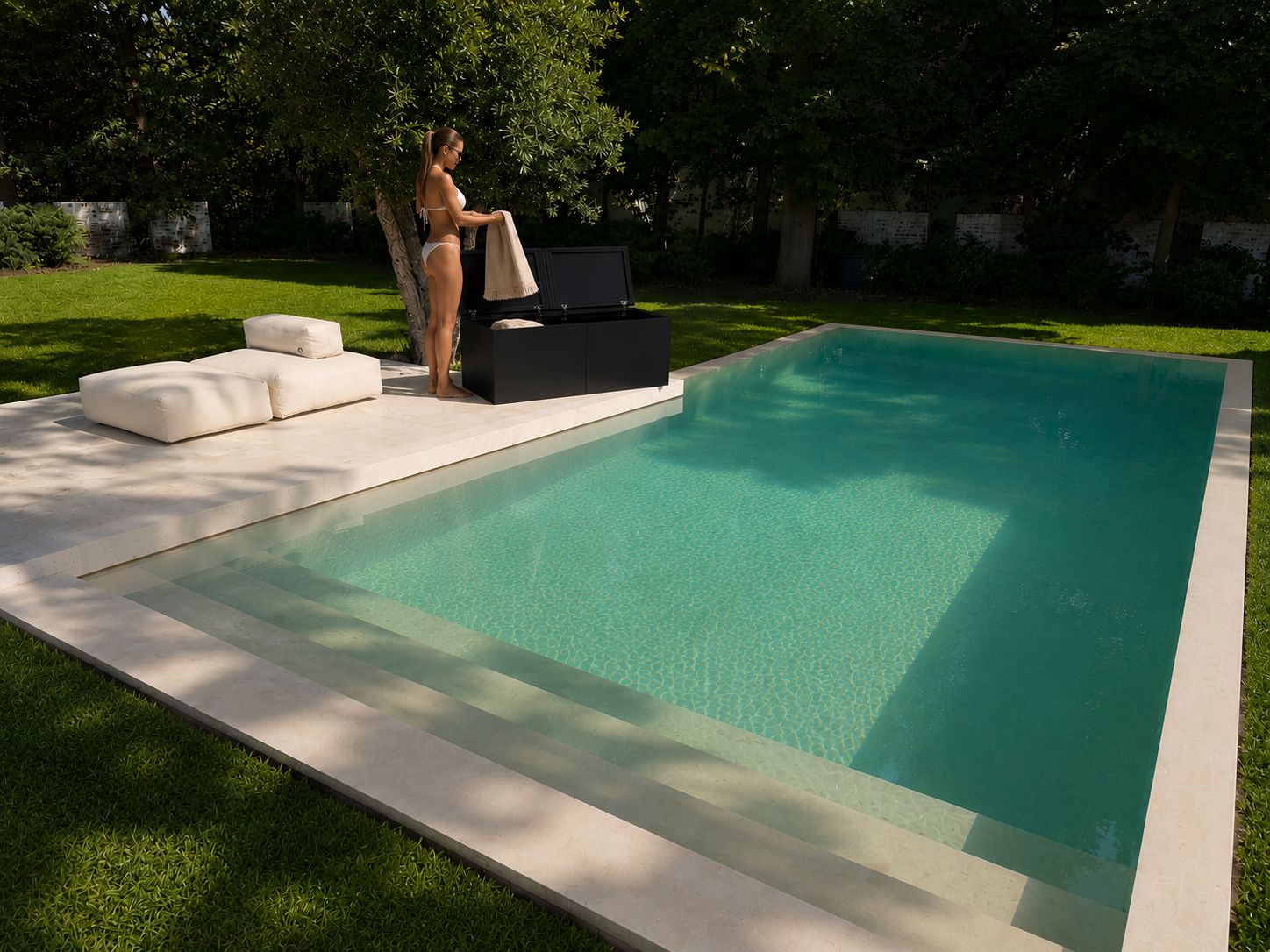 RO. poolside module · pool storage in a private garden, towel and cushions nearby