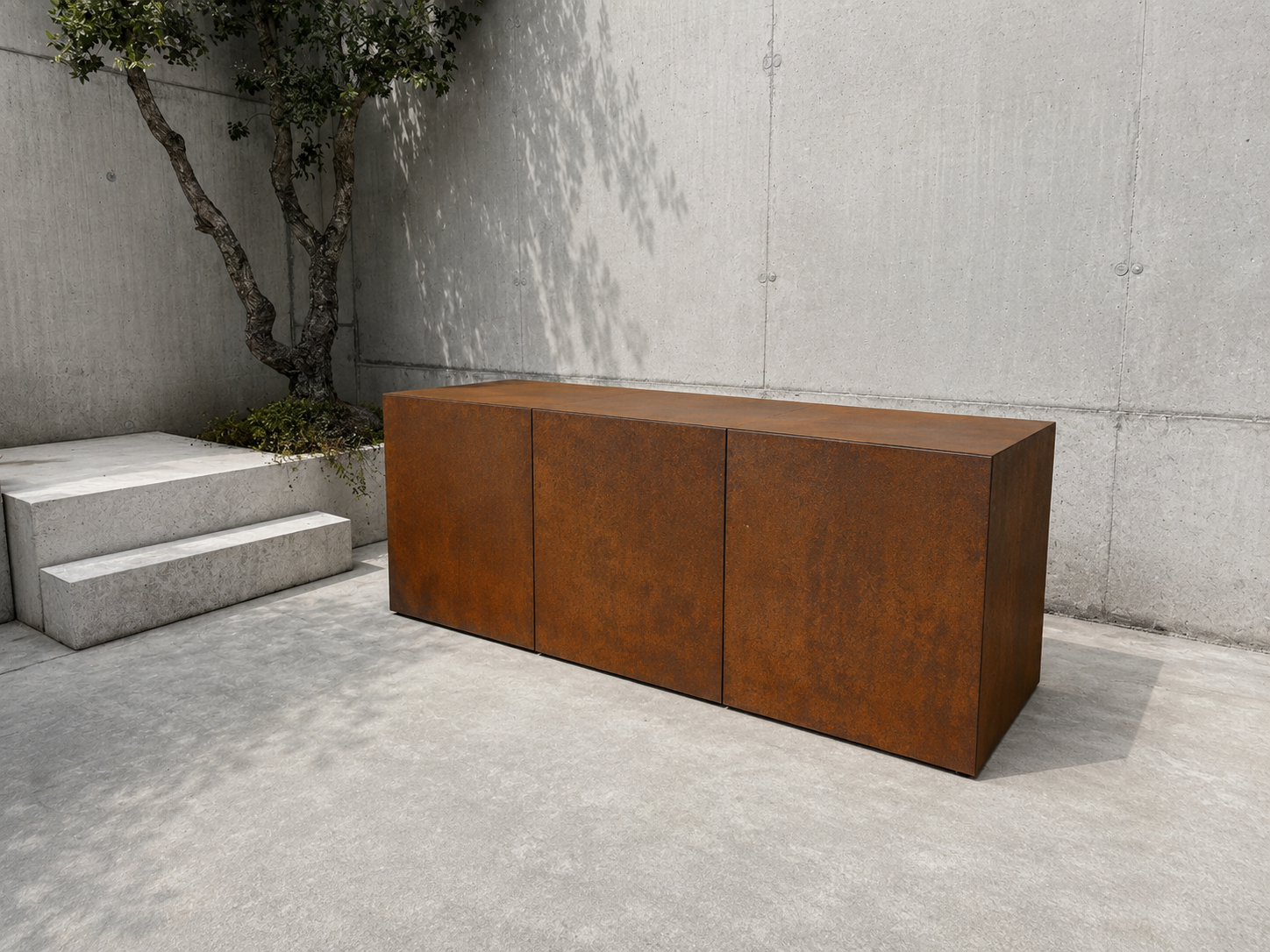 RO. corten steel sideboard module with a warm rust patina
