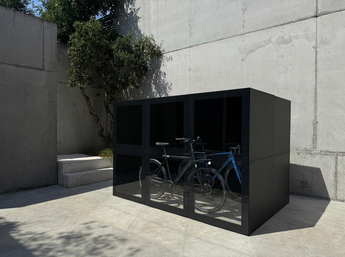 RO. glass module with bicycles visible behind the transparent panels and a natural stone shelf on a stainless steel carrier
