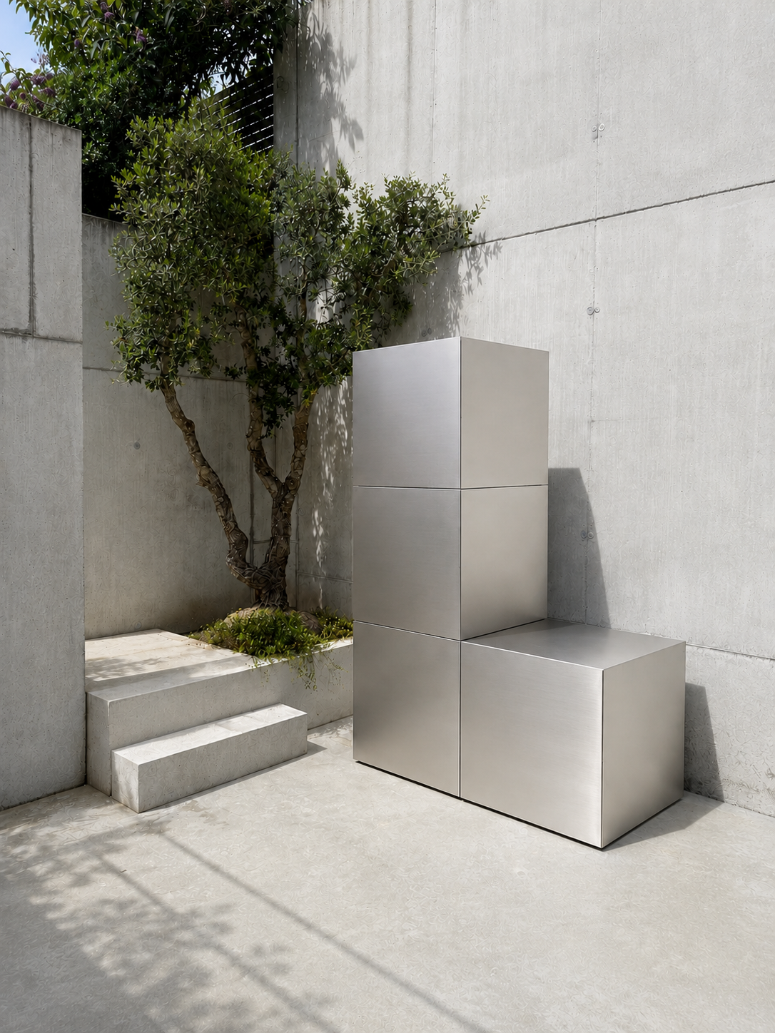RO. brushed stainless steel modular composition against a concrete wall